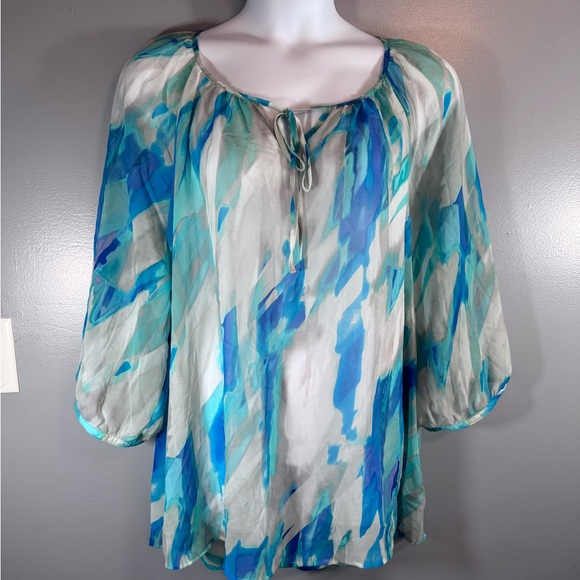 ANA A New Approach Sheer Abstract Blue Peasant Blouse 2X Tie Neck - Picture 3 of 10